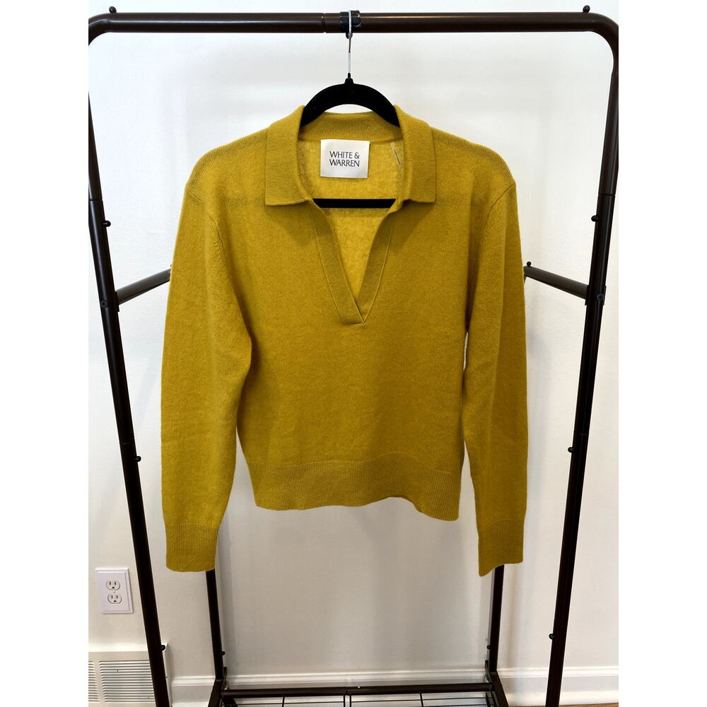 White + Warren Cashmere Long-Sleeved Polo in Chartreuse Yellow size S small - Picture 2 of 6